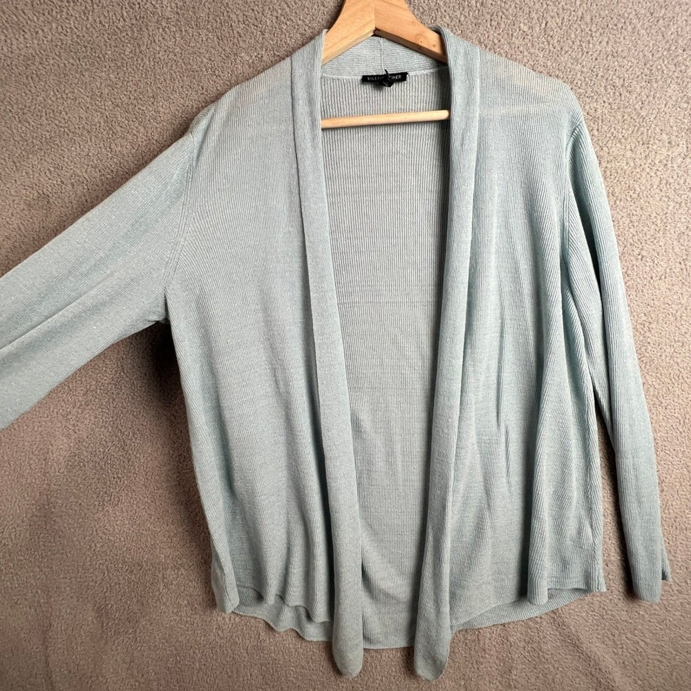 Eileen Fisher Cardigan Sweater XL Linen Blend Ribbed Open Front Lt Blue‎ - Picture 2 of 9